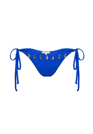 Sininen bikinitamine, jossa on siteiden sivuissa soljet, ja etuosassa on kultaiset kuorikoristeet. Sileä pinta ja tyylikäs muotoilu.