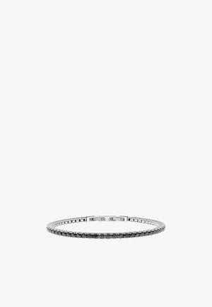 Bracciale dal tono argenteo che presenta pietre nere alternate a link in metallo, con una chiusura a scatto sicura. Design elegante e slanciato.