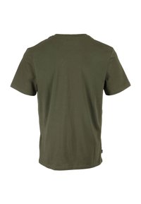 T-shirt di cotone verde oliva con maniche corte e collo rotondo. Tessuto liscio, design semplice, senza grafiche o motivi.