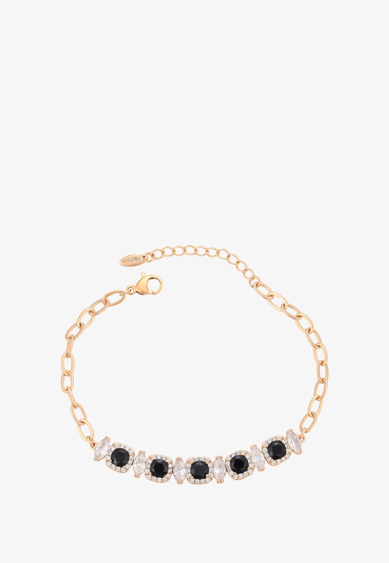 Goldene Kettenarmband mit abwechselnd runden schwarzen und marquisförmigen klaren Edelsteinen, ausgestattet mit einem Karabinerverschluss und verstellbaren Gliedern.