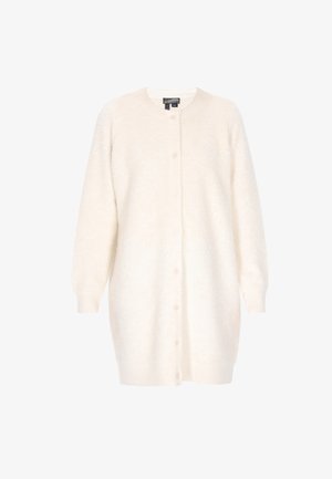 Lang cremet cardigan med knapper og rund halsudskæring, lange ærmer samt ribbedeærmer og kant, lavet af blødt tekstureret stof.