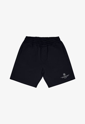 Črne bombažne kratke hlače z elastičnim pasom, stranskimi žepi in majhnim belim tiskanim logotipom na spodnjem levem delu.