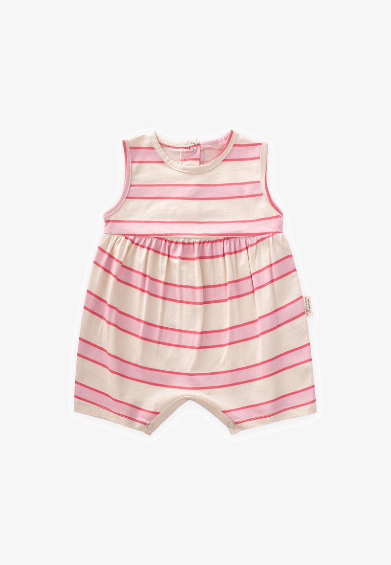 Prugasta bombažna kombinacija v kremni barvi s pisanimi vodoravnimi črtami, brez rokavov, z nabranim pasom in zatiči na notranji strani.