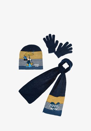 Conjunto de gorro, guantes y bufanda de lana en rayas azul marino y amarillas. El gorro presenta a Minnie Mouse con un paraguas, mientras que los guantes y la bufanda son de un azul marino sólido.