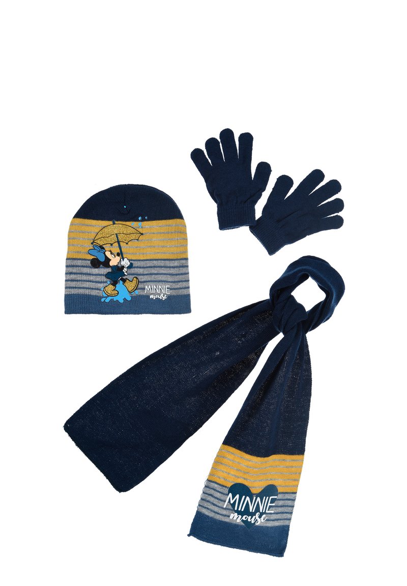 Knitted hat, gloves, and scarf set in navy and yellow stripes. Hat features Minnie Mouse with an umbrella, gloves and scarf are solid navy.