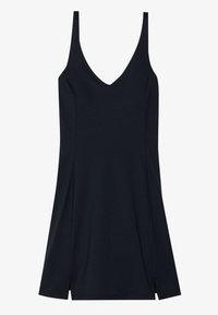 Robe noire sans manches avec un décolleté en V et de petites fentes latérales, présentée à plat sur fond blanc.