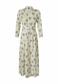 Abito maxi in tessuto crema chiaro con un motivo a vortice nero, maniche lunghe, chiusura con bottoni davanti e cintura in vita per una silhouette aderente.