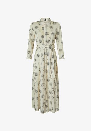 Maxi haljina od svijetlo krem tkanine s crnim uzorkom u spiralu, dugih rukava, s dugmadima sprijeda i pojasom u struku za oblikovani siluetu.