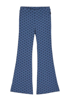 Sinised laiade säärtega püksid, millel on tumeda lillemustriga kogu pind ja elastne vöökoht, laotatult valgel taustal.