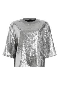 Top argento con paillettes, dalla vestibilità boxy, maniche corte e collo arrotondato. Texture liscia con superfici riflettenti, progettato per un aspetto scintillante.
