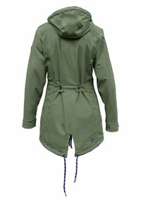 Green waterproof jacket with a hood, drawstring waist, and buttoned accents. Features a split back and navy drawstrings at the hem.
