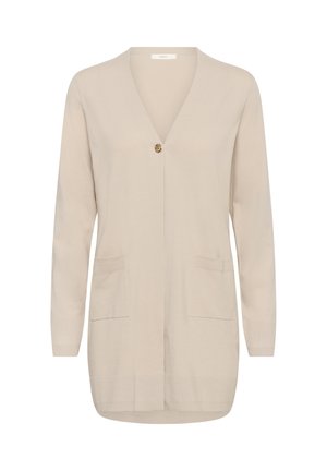 Bézs hosszú ujjú kardigán mély V-nyakkivágással, egy arany gombos záródással, két elülső zsebbel és bordázott mandzsettával valamint szegéllyel.