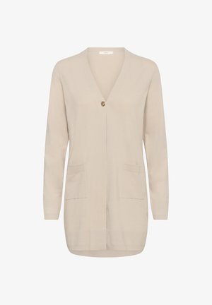 Bézs hosszú ujjú kardigán mély V-nyakkivágással, egy arany gombos záródással, két elülső zsebbel és bordázott mandzsettával valamint szegéllyel.