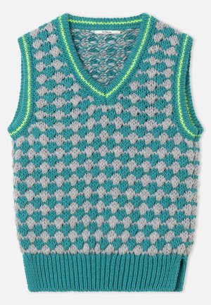 Sleeveless knitted vest with teal and gray diamond pattern, V-neck, ribbed hem, and yellow striped trim on neckline and armholes.