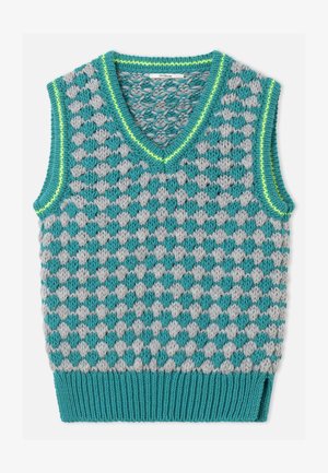 Chaleco de punto sin mangas con patrón de diamantes en color verde azulado y gris, cuello en V, dobladillo acanalado y borde amarillo a rayas en el escote y las sisas.