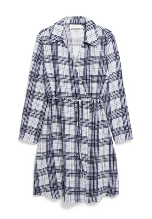 Plaid wrap dress featuring long sleeves, a collar, a tie belt, and a light fabric blend in navy and white check pattern.