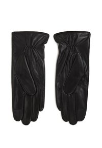 Svarta läderhandskar med en slät textur, samlad handledsdesign och individuella fingerfickor. En enkel och klassisk stil.