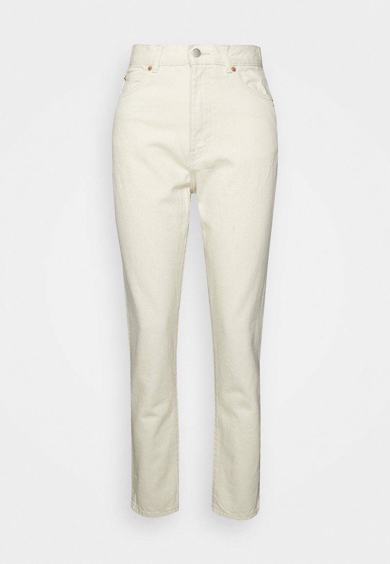 Jeans de cintura alta em creme, feitos de denim, com um design clássico de cinco bolsos, costura subtil e silhueta de perna reta.