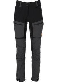 Zwarte en grijze bicolor buitenbroek met versterkte knieën, meerdere ritszakken, verstelbare manchetten en een stevige stofconstructie.