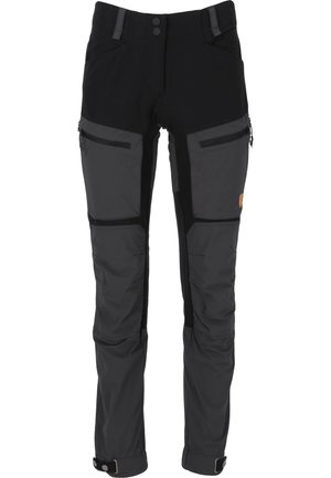 Black and gray two-tone outdoor pants featuring reinforced knees, multiple zippered pockets, adjustable cuffs, and a sturdy fabric construction.