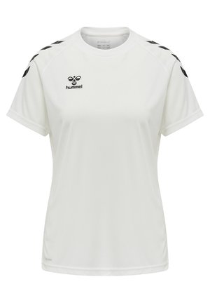 White short-sleeve sports t-shirt made of synthetic fabric, featuring black logo and chevron accents on shoulders. Rounded neckline.