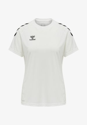 Weißes Sport-T-Shirt mit kurzen Ärmeln aus synthetischem Material, mit schwarzem Logo und Zickzack-Akzenten auf den Schultern. Rundhalsausschnitt.