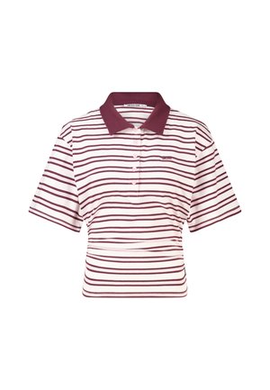 Poloshirt met korte mouwen met horizontale strepen in bordeauxrood en wit en een effen bordeauxrode kraag, vooraan geknoopt.