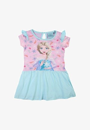 Robe rose clair à manches courtes avec une jupe bleue, présentant un graphisme de personnage et des motifs de flocons de neige. Détail dos en trou de serrure avec des volants.