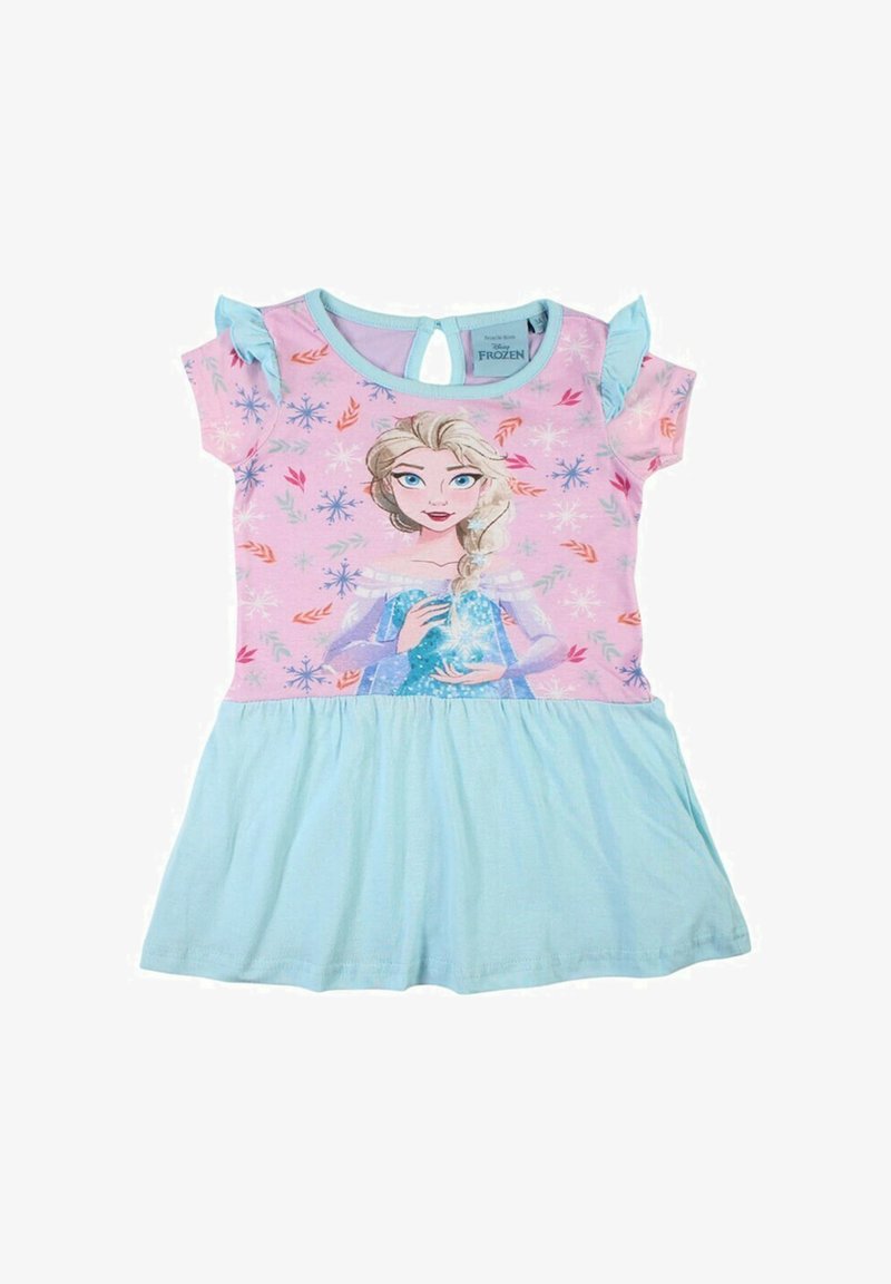 Robe rose clair à manches courtes avec une jupe bleue, présentant un graphisme de personnage et des motifs de flocons de neige. Détail dos en trou de serrure avec des volants.