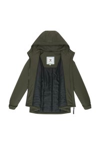 Olivgrön jacka med huva, dragkedjeslutning och inre foder. Har en strukturerad svart foder och en logotypficka inuti.