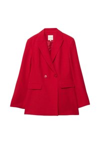 Rdeč volneni blazer z izrezanim ovratnikom, dvojno zapenjan spredaj in dvema sprednjima žepoma. Ima gladko notranjo podlogo in krojen kroj.