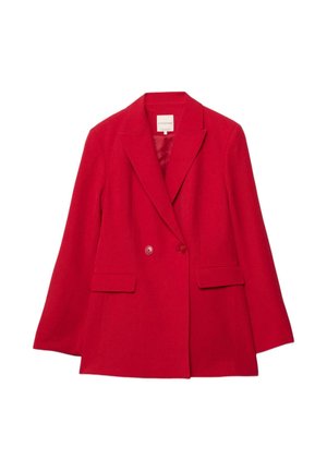 Červené vlnené sako s výrezovou klopou, dvojradovým zapínaním na gombíky a dvoma prednými vreckami. Vybavené hladkou vnútornou podšívkou a strihané na mieru.