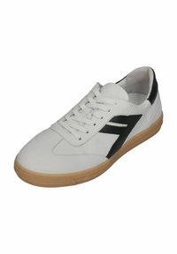 White leather sneaker with black accents, round toe, and textured rubber sole. Features flat laces and a low-top design.