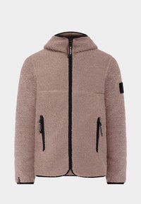 Chaqueta de forro polar en marrón claro con capucha, que cuenta con un cierre frontal, dos bolsillos laterales y ribetes y acentos en negro.
