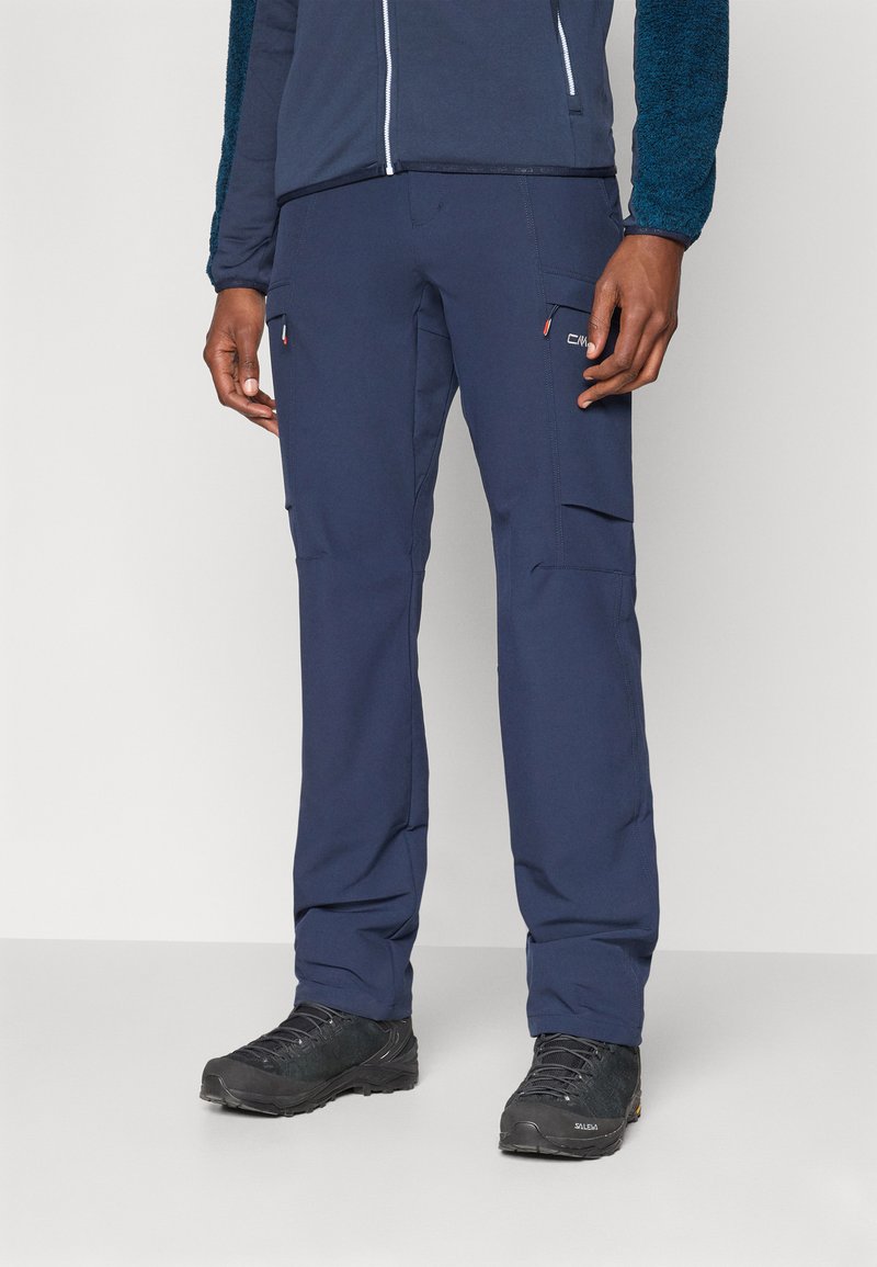 Granatowe spodnie outdoorowe wykonane z wytrzymałego materiału, z wieloma kieszeniami, prostym krojem oraz wzmocnionymi szwami dla zwiększonej trwałości.