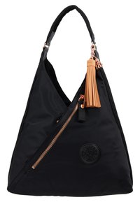 Black nylon shoulder bag with a triangular design, featuring a prominent zipper, leather strap accents, and a tassel detail.