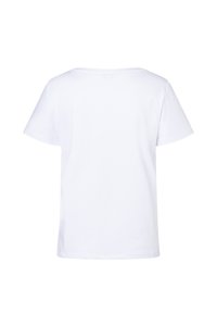 Weißes T-Shirt mit kurzen Ärmeln, lockerer Passform, rundem Ausschnitt und glatter Baumwollstruktur. Keine sichtbaren Muster oder Verzierungen.