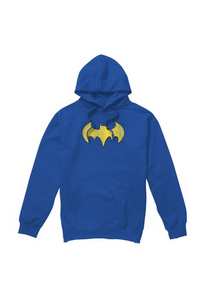 Blaues Kapuzensweatshirt mit Fronttasche und einem abgenutzten gelben Fledermaus-Emblem auf der Brust.