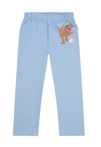 Jasnoniebieskie legginsy bawełniane z elastycznym paskiem w talii i grafiką T. rex na lewej nodze, z pomarańczowymi i brązowymi akcentami.