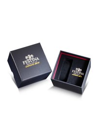 Melnas pulksteņu kastes ar ribotu tekstūru, zelta un baltu logo, sarkaniem iekšējiem akcentiem un putu iebūvi, kas tur pulksteni. Atvērta no augšas.