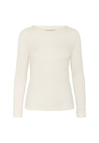 Long-sleeve shirt in off-white textured fabric with a crew neckline. Features a floral pattern and finished hems.