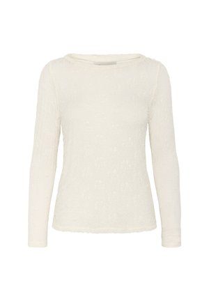 Koszula z długim rękawem w off-white z teksturowanej tkaniny z okrągłym dekoltem. Posiada florystyczny wzór i wykończone brzegi.