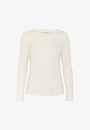 Garās piedurknes krekls gaiši balta teksturēta auduma ar apaļu kakla izgriezumu. Ar ziedu rakstu un apstrādātām malām.