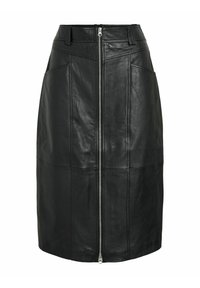 Musta nahkahame, jossa on etuvetoketju, ominaisuutena tiukka malli, paneelisaumojen ja suora helma. Kankaan sileä rakenne.