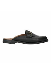 Black leather slip-on shoe with a low profile, rounded toe, decorative buckle detail, and textured upper. Flat sole with slight grip.