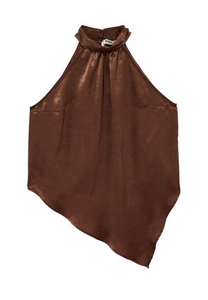 Brązowy satynowy top bez rękawów z wysokim, falbaniastym kołnierzem i asymetrycznym dołem, zaprojektowany na luźny, zwiewny fason.