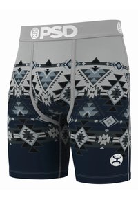 Boksarice z sivim pasom, s geometričnim vzorcem v črni in modri barvi. Iz zračnega blaga z mehkim otipom.