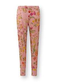 Rosa Hosen mit buntem floralen Stickerei in verschiedenen Farbtönen. Elastischer Bund und enge Bündchen. Weicher Stoff mit leichtem Design.