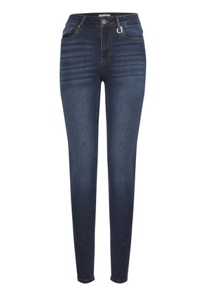 Sluppede mørkeblå jeans med en slidt finish, der har knaplukning, bæltestropper og fem lommer. Fremstillet af blødt denim stof.