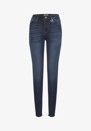 Sluppede mørkeblå jeans med en slidt finish, der har knaplukning, bæltestropper og fem lommer. Fremstillet af blødt denim stof.